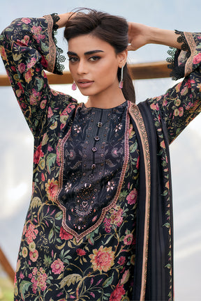 Black Color Crepe Silk Floral Printed Unstitched Suit Fabric