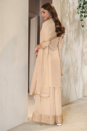 Cream Crepe Silk Zari Embroidered Suit With Embroidered Palazzo