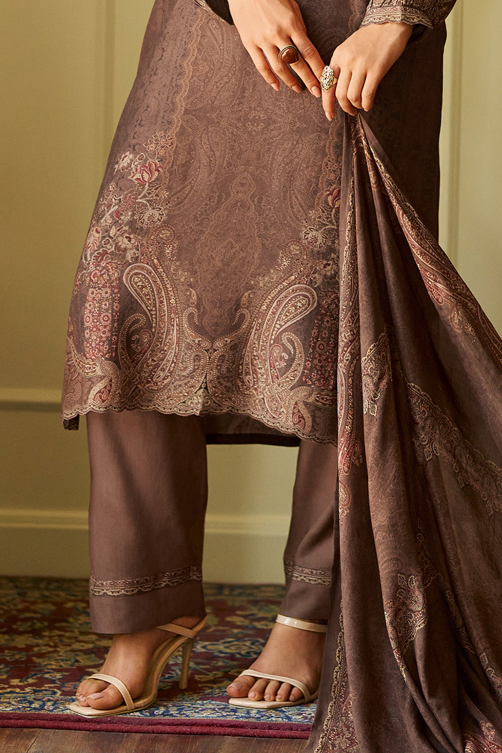 Brown Spun Printed Unstitched Suit Fabric
