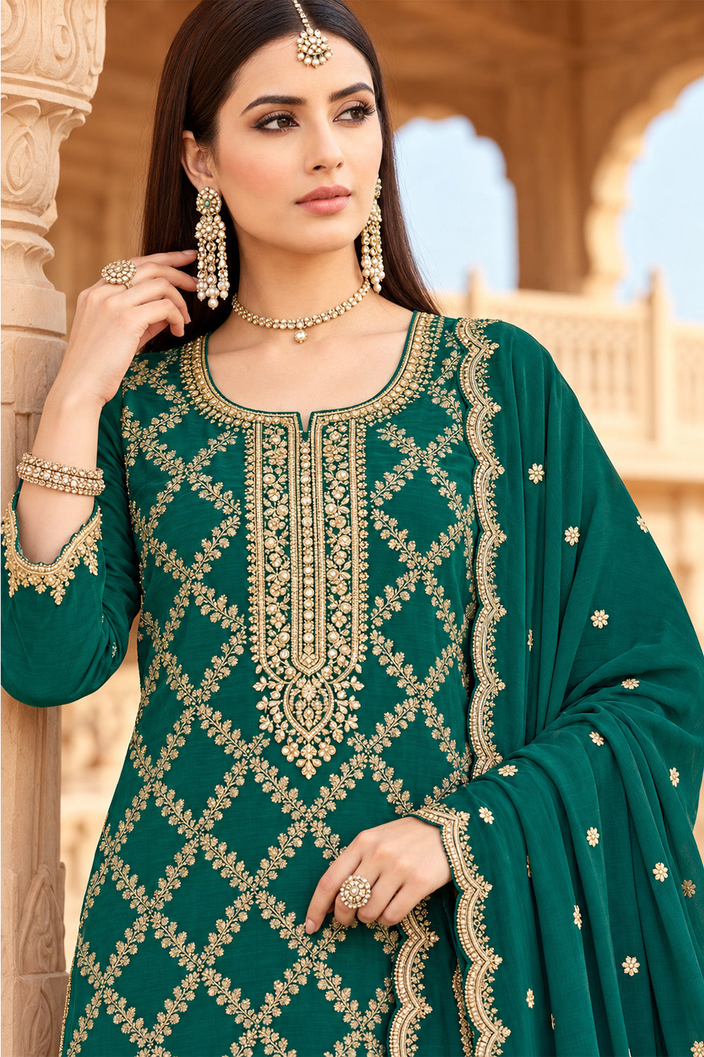 Teal Crepe Silk Zari Woven And Embroidered Unstiched Suit Material