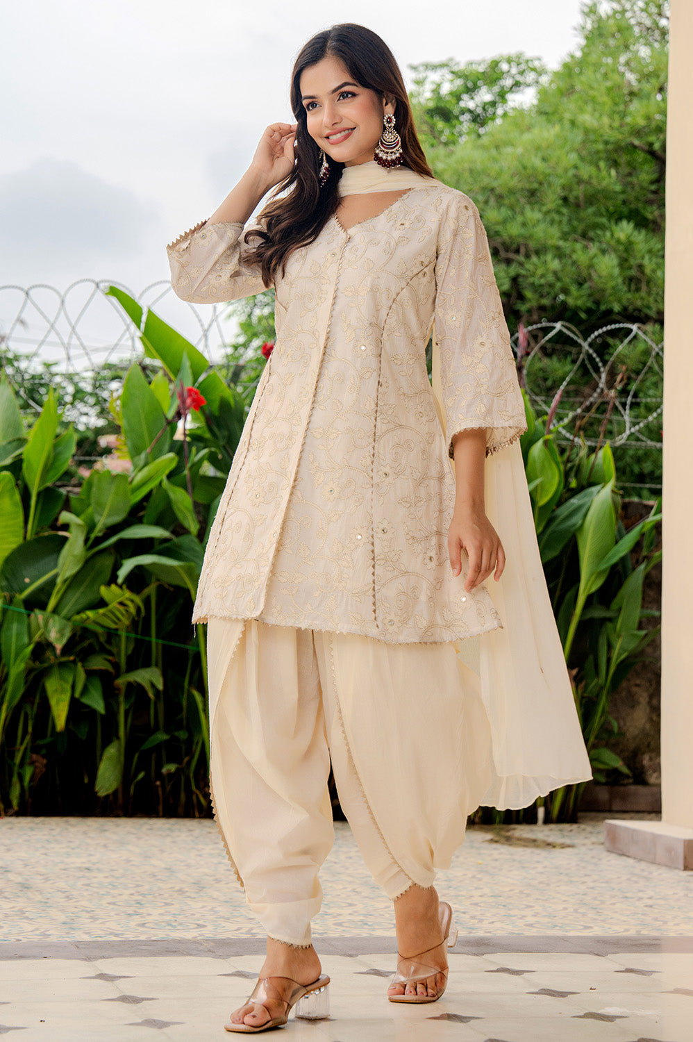 Cream Chanderi Chanderi Embroidered And Gota-Patti Work Suit With Dhoti Style Pant