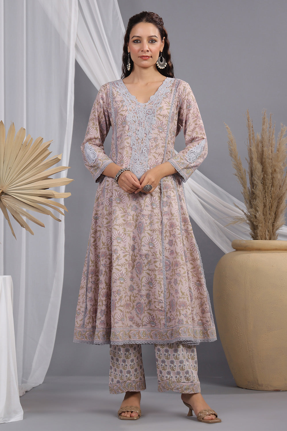Dusty Peach Color Floral Printed & Lace Work Anarkali Suit