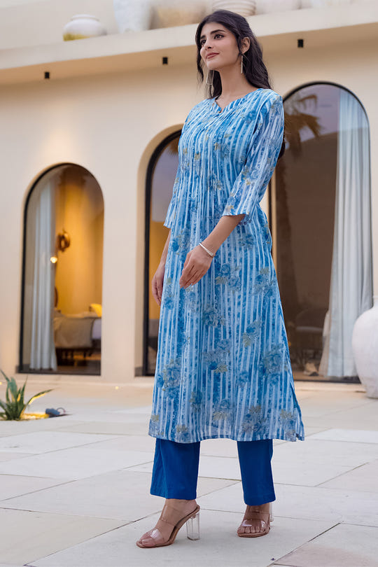 Blue Floral Printed Muslin Kurta Set