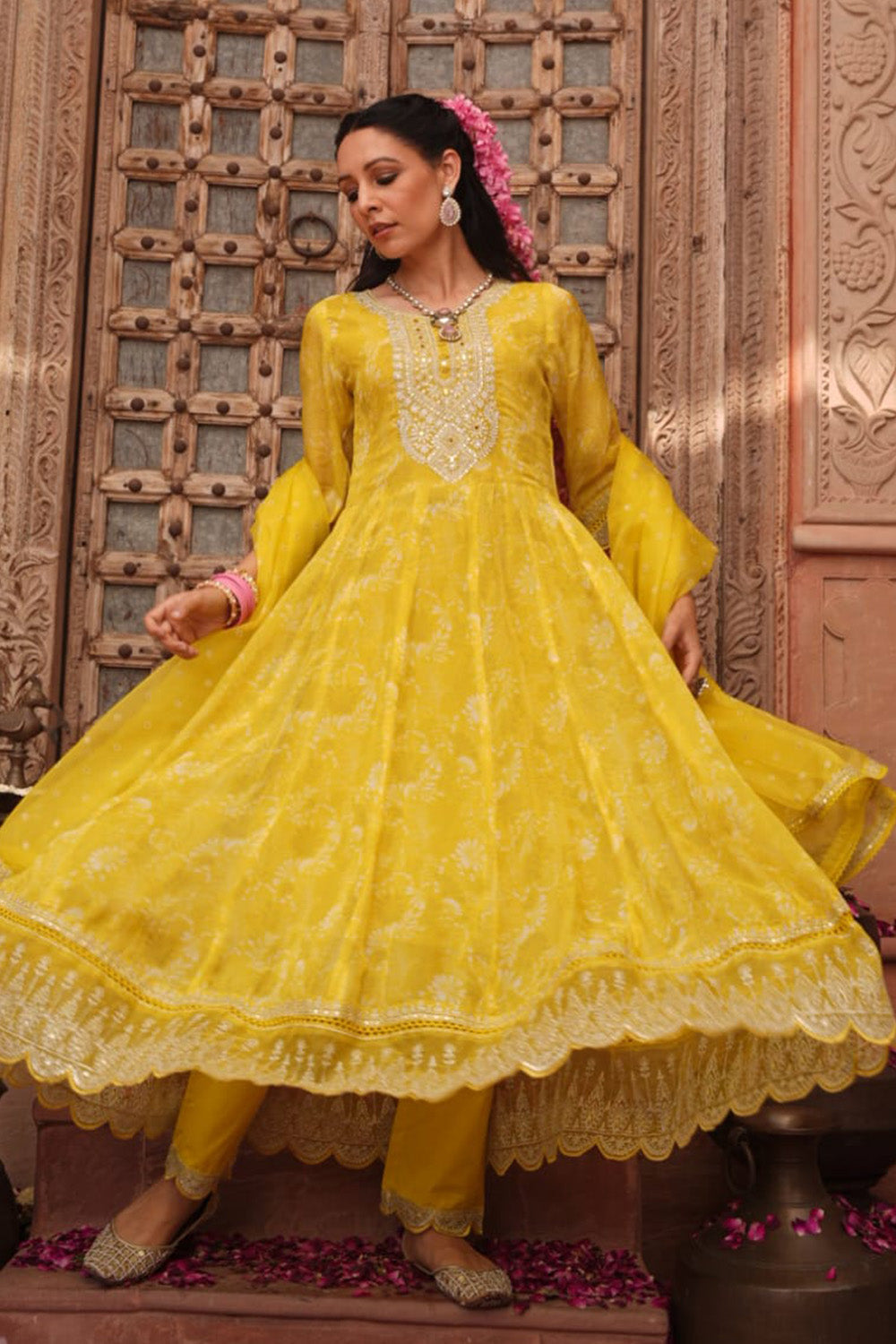 Yellow Color Organza Floral Printed Anarkali Suit Set