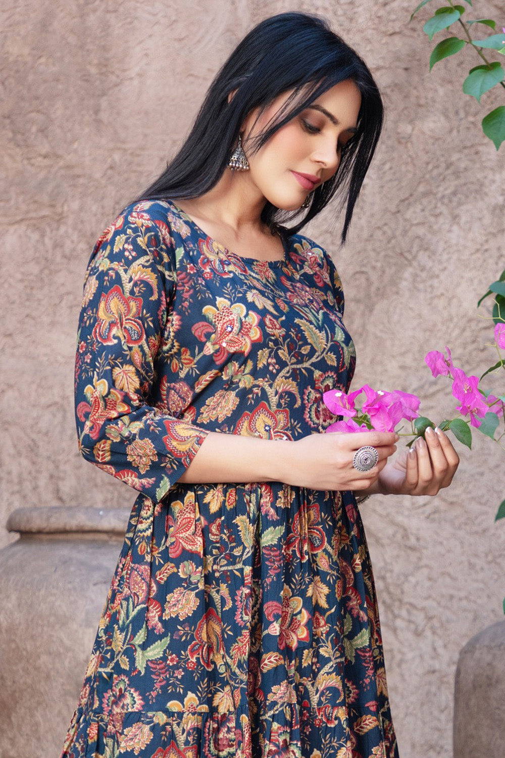Navy Cotton Floral Printed Anarkali Kurti