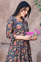 Navy Cotton Floral Printed Anarkali Kurti