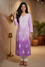 Ombre Lavander Resham Embroidered Rayon Cotton Kurta