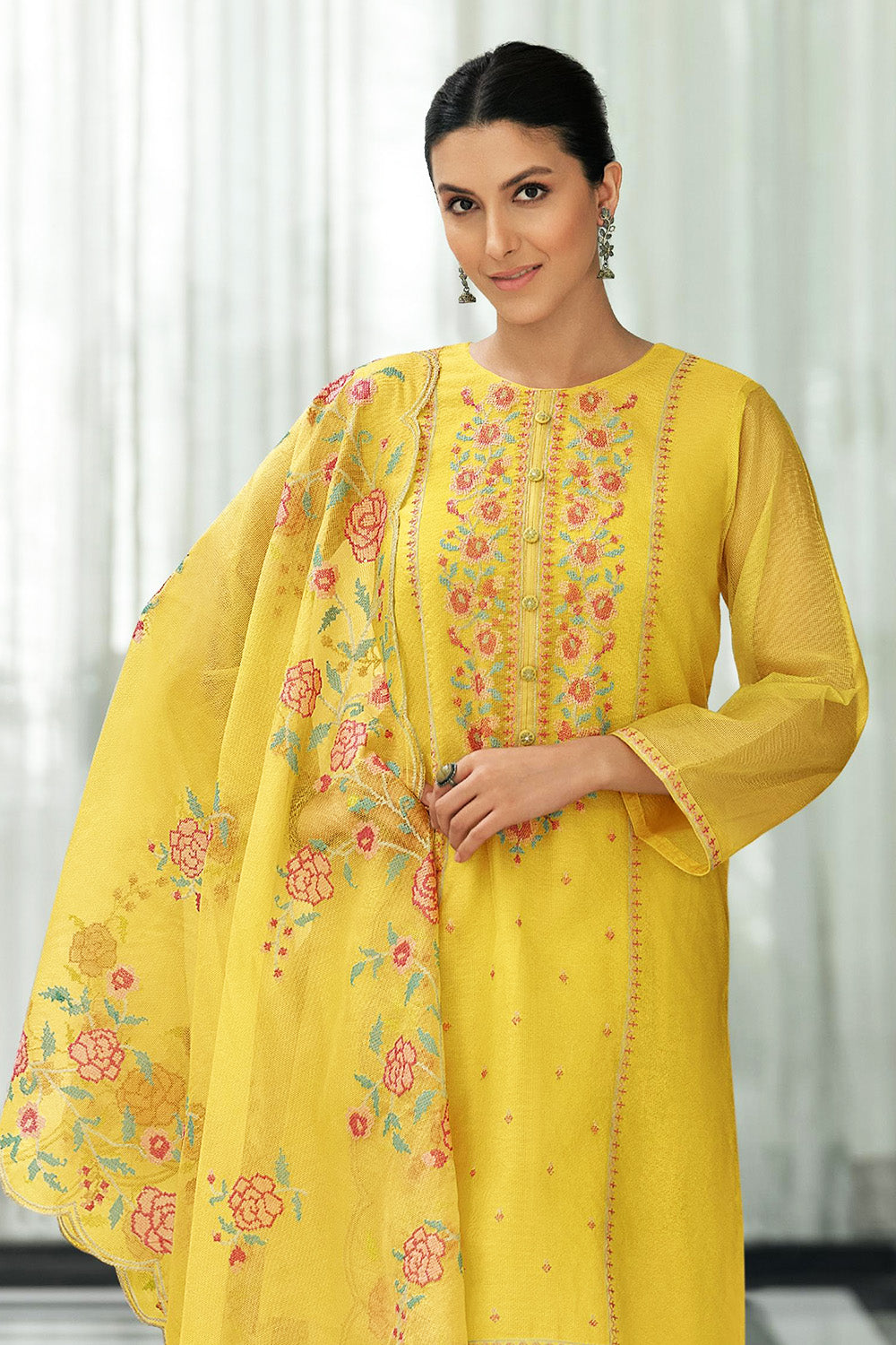 Pale Yellow Kota Silk Double Layer Embroidered Unstitched Suit Fabric
