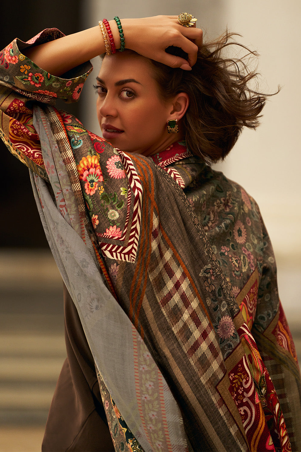 Beige Colour Printed Spun Fabric Unstitched Suit