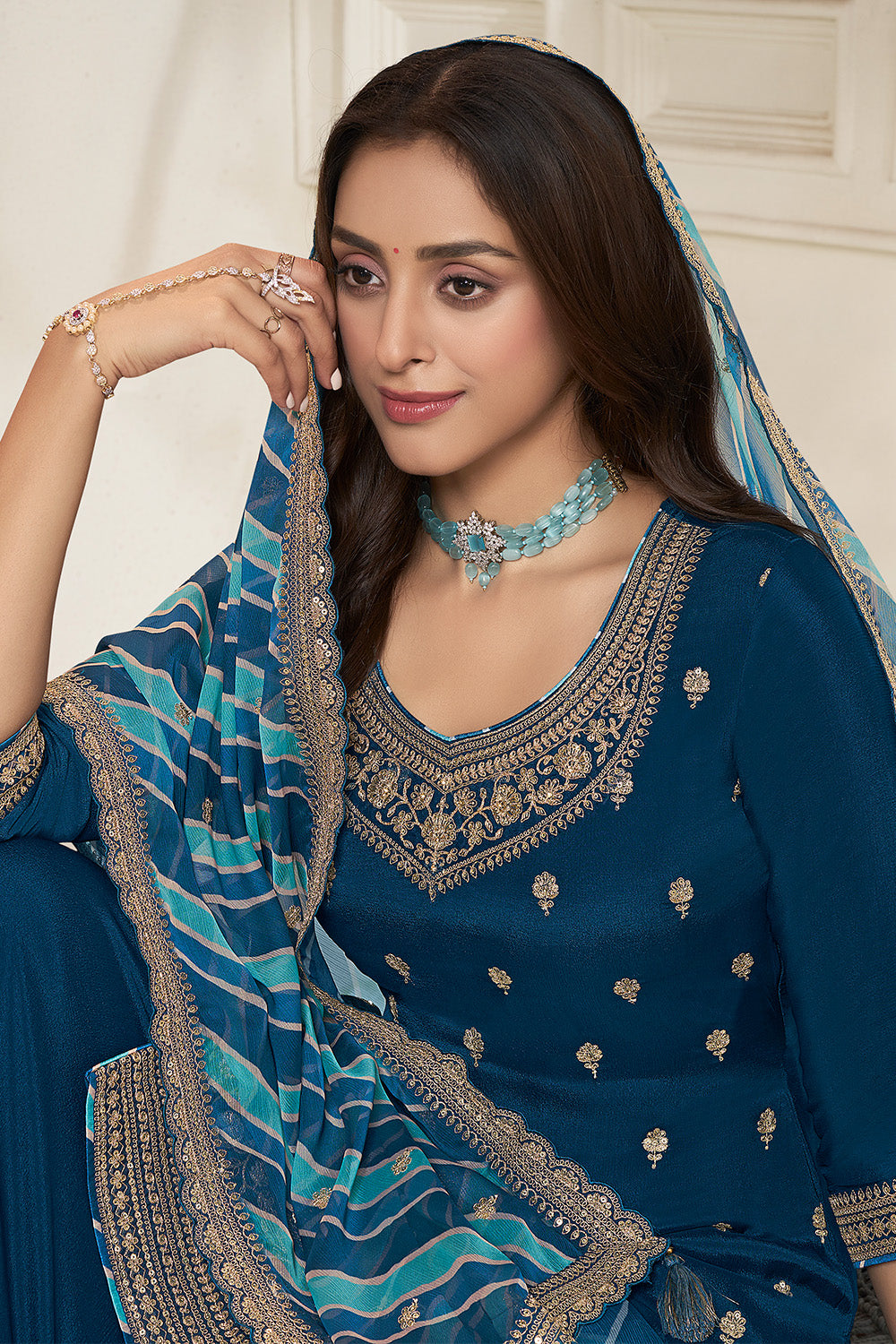 Dark Royal Blue Color Crepe Silk Zari Embroidered Suit with Palazzo
