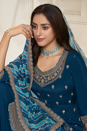 Dark Royal Blue Color Crepe Silk Zari Embroidered Suit with Palazzo