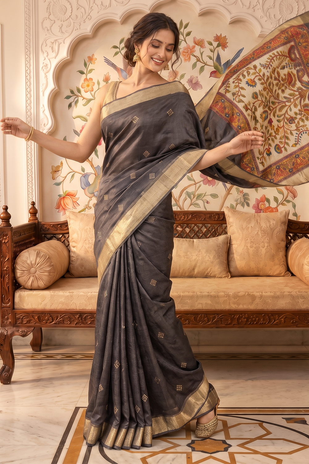 Black Cotton Printed And Woven Border Saree