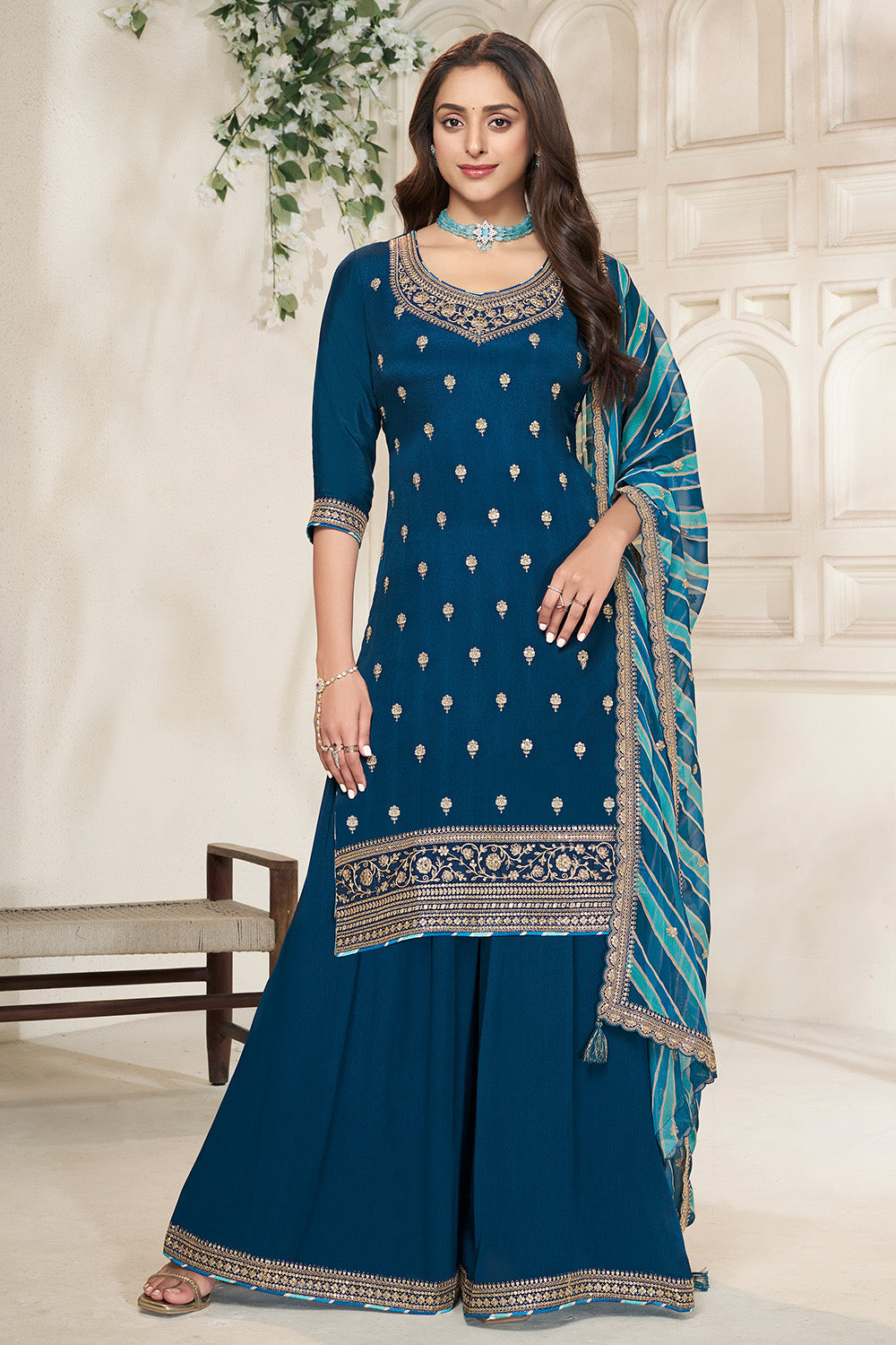 Dark Royal Blue Color Crepe Silk Zari Embroidered Suit with Palazzo