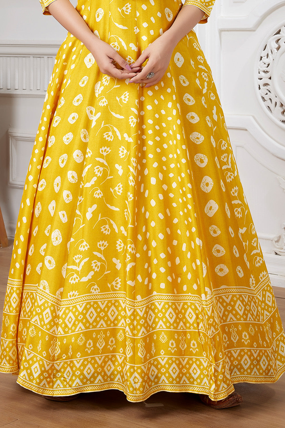 Mustard Color Crepe Silk Printed &amp; Neck Embroidered Anarkali Kurti