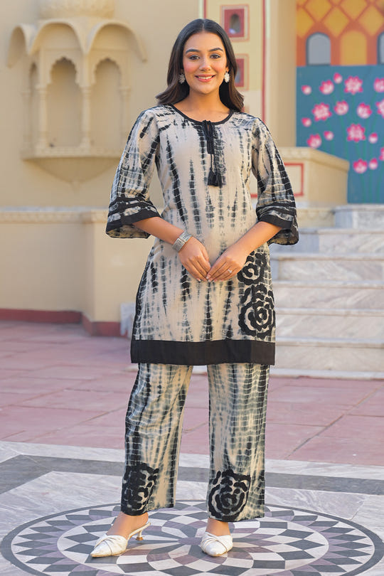 Black & Beige Cotton Shibori Printed Kurta Set