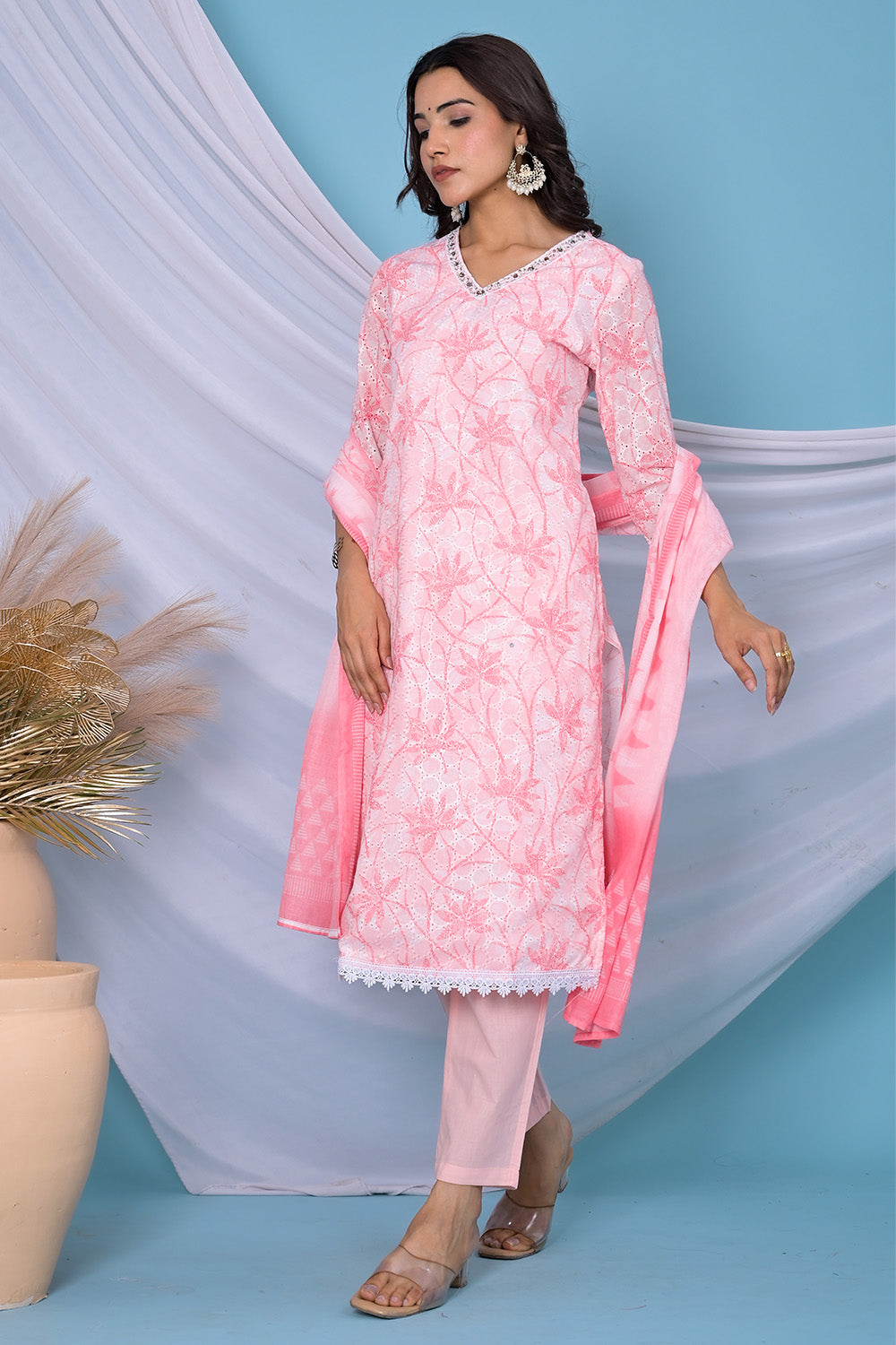 Peach Color Cotton Hakoba Style Printed Straight Suit