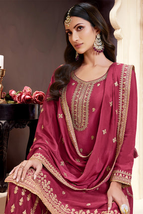 Maroon Color Embroidered Chinon Silk Unstitched Suit Fabric with Embroidered Palazzo
