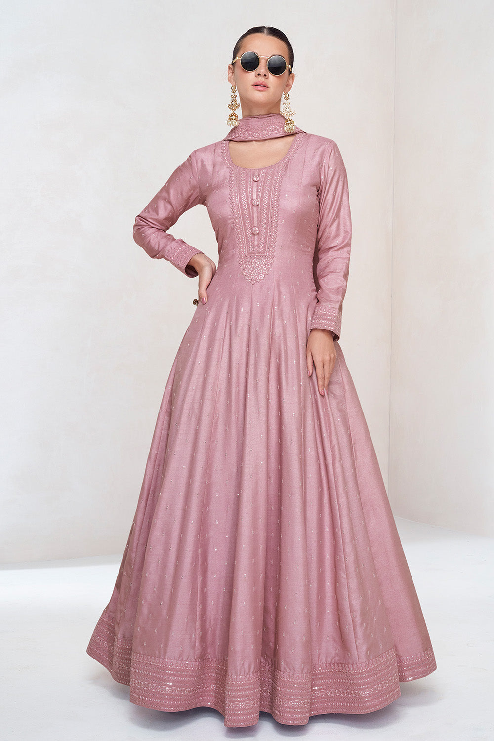 Dusty Pink Color Silk Embroidered Anarkali Kurti