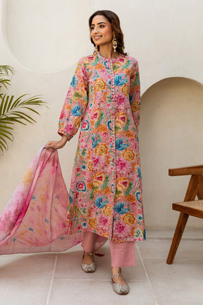 Dusty Pink Color Cheese Cotton Floral Printed Straight Suit