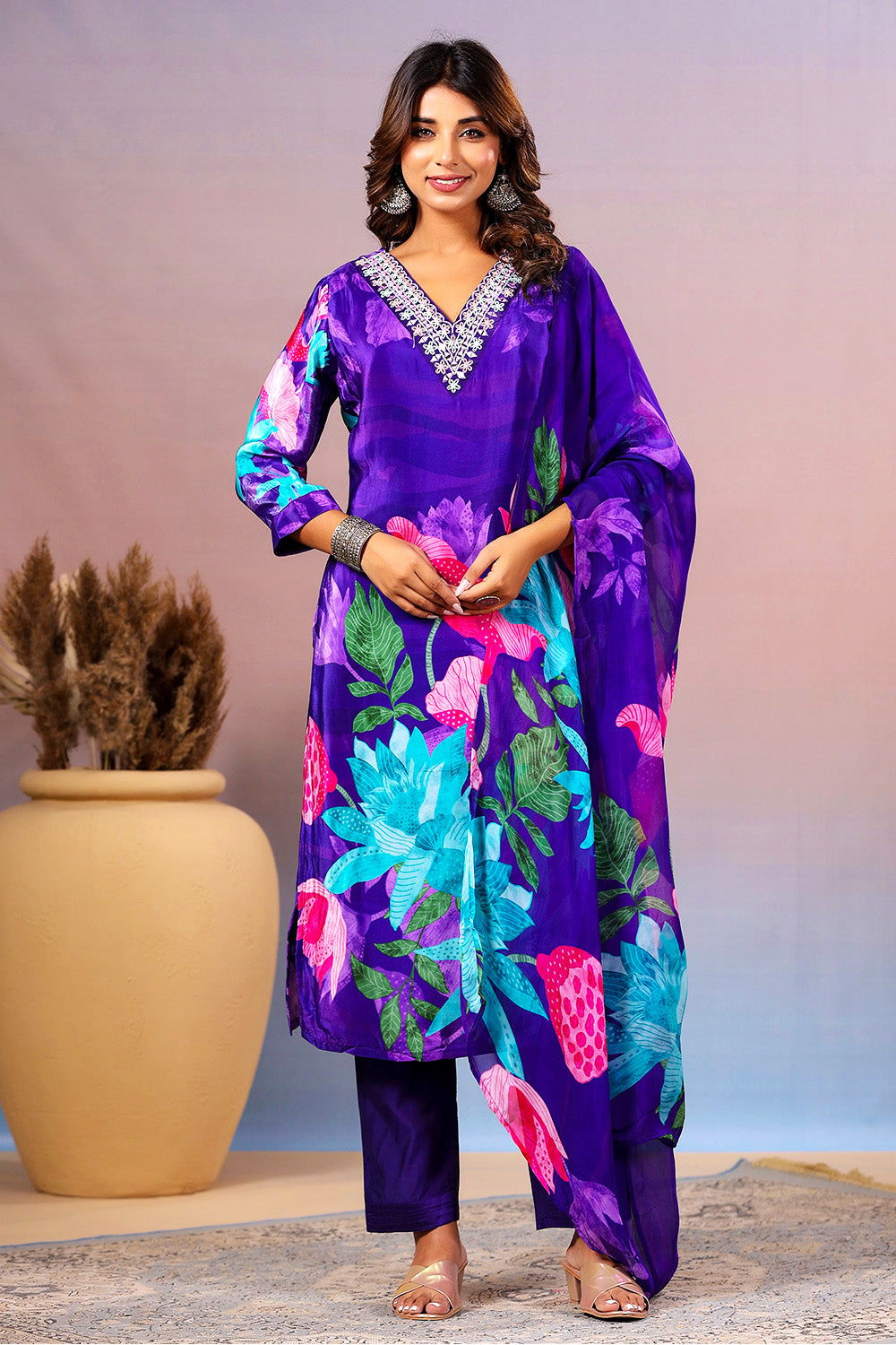 Purple Color Crepe Silk Printed Straight Suit
