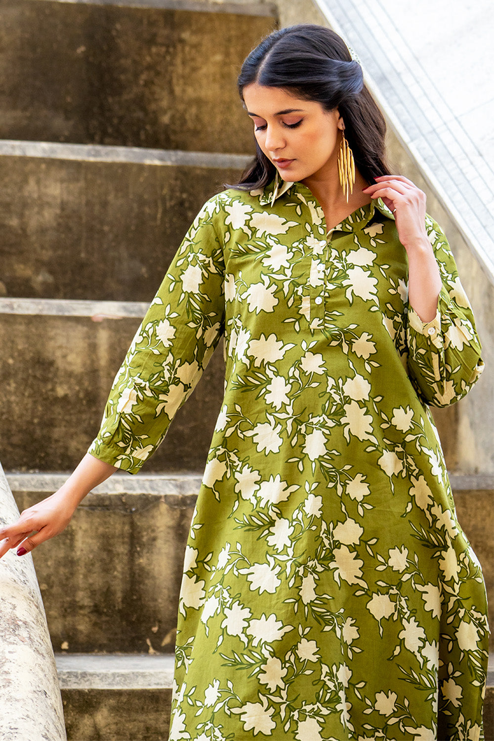 Green Floral Vine Printed  Cotton Kurta Set