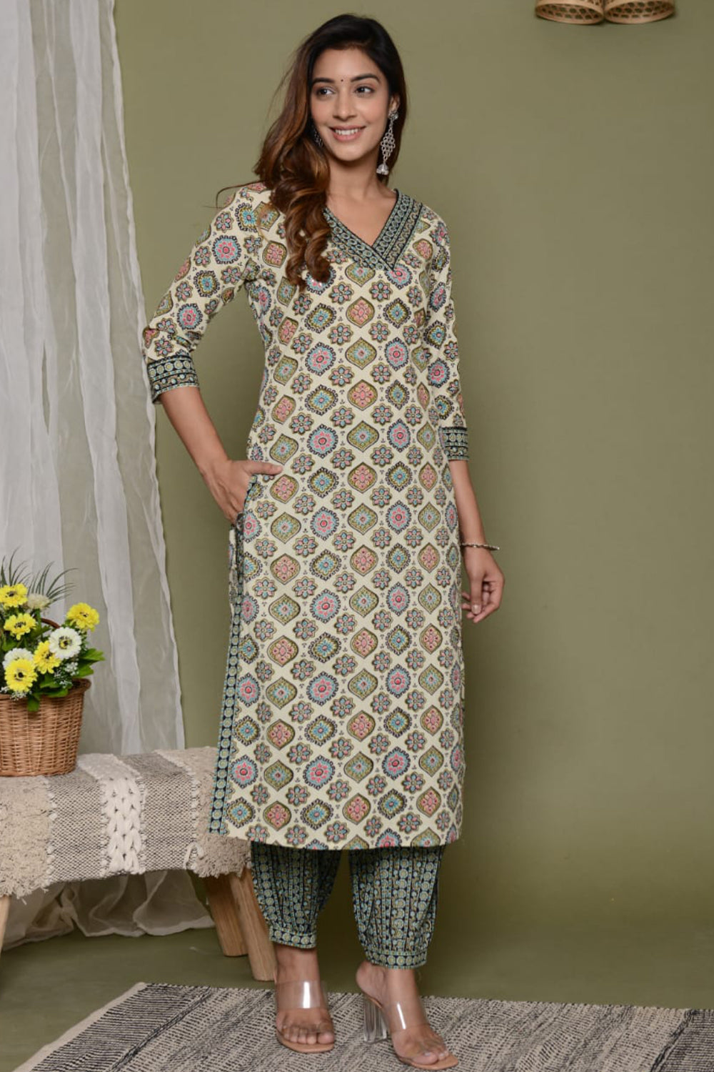 Beige & Turquoise Color Cotton Printed Suit