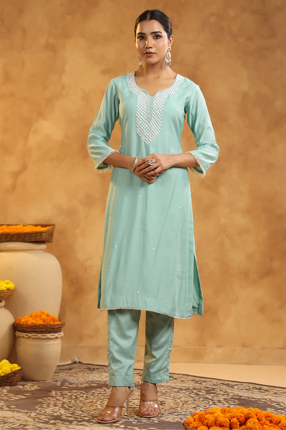 Powder Blue Color Cotton Neck Embroidered Unstitched Suit Fabric