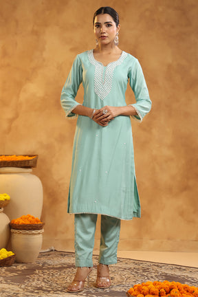 Powder Blue Color Cotton Neck Embroidered Unstitched Suit Fabric