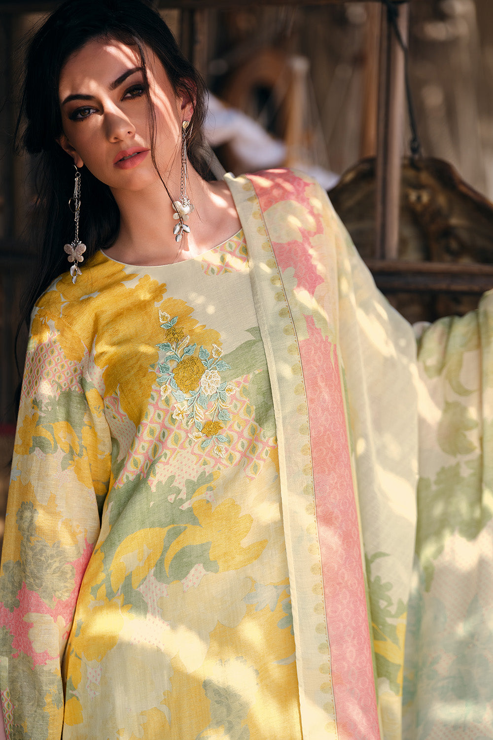 Cream Color Printed & Resham Embroidered Cotton Unstitched Suit Fabric