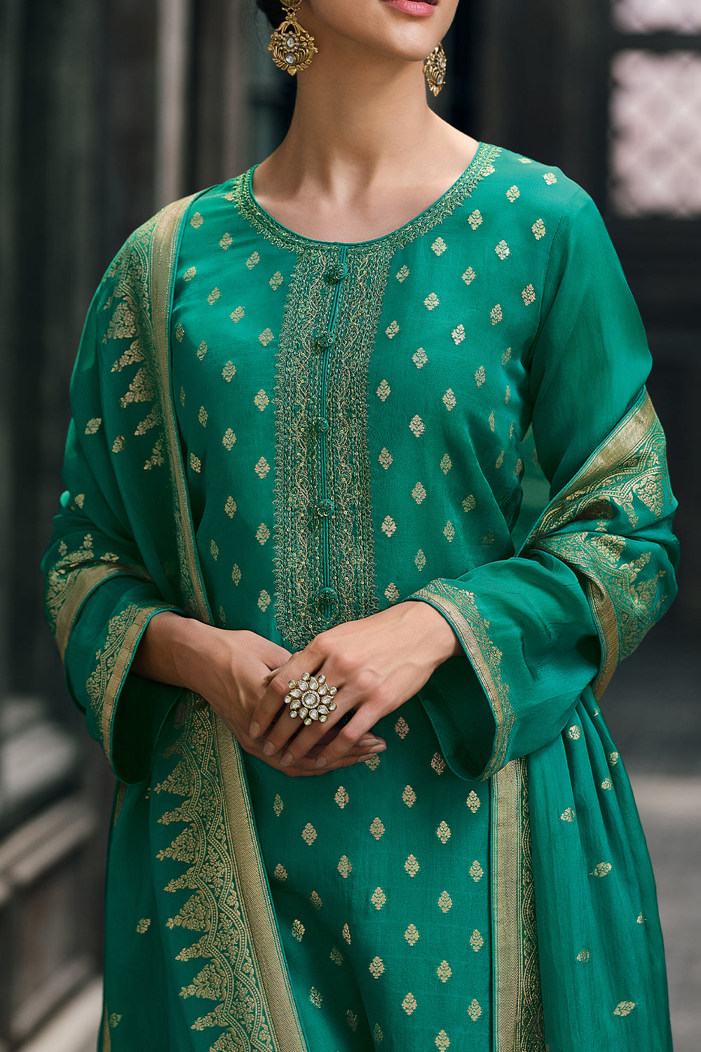 Teal Color Organza Embroidered Unstitched Suit Material