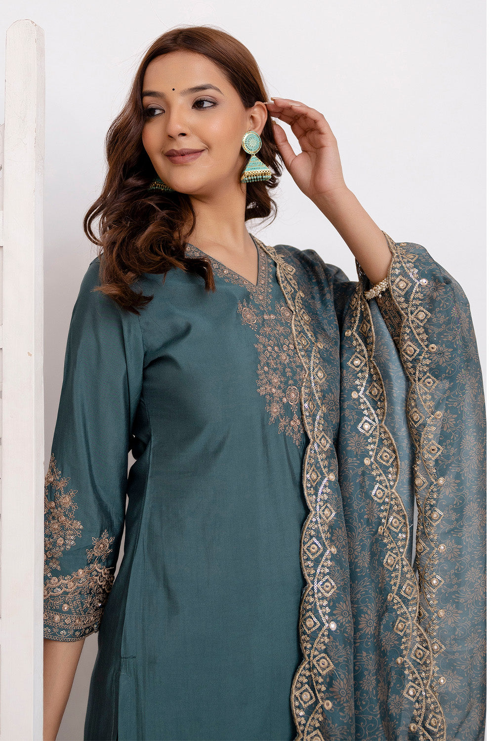 Green Color Muslin Resham Embroidered Straight Suit Set