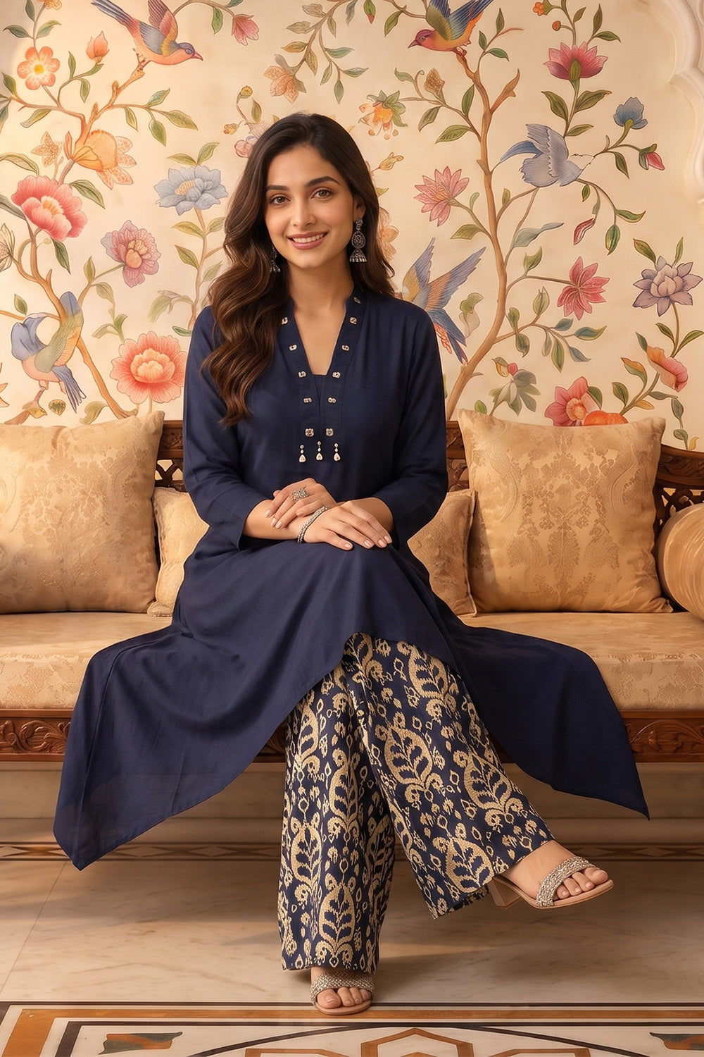 Navy Rayon Cotton Kurta With Printed Palazzo