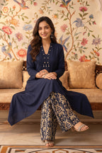 Navy Rayon Cotton Kurta With Printed Palazzo
