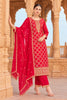 Red Crepe Silk Zari Woven And Embroidered Unstiched Suit Material