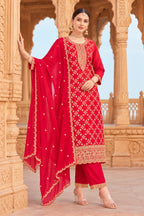 Red Crepe Silk Zari Woven And Embroidered Unstiched Suit Material
