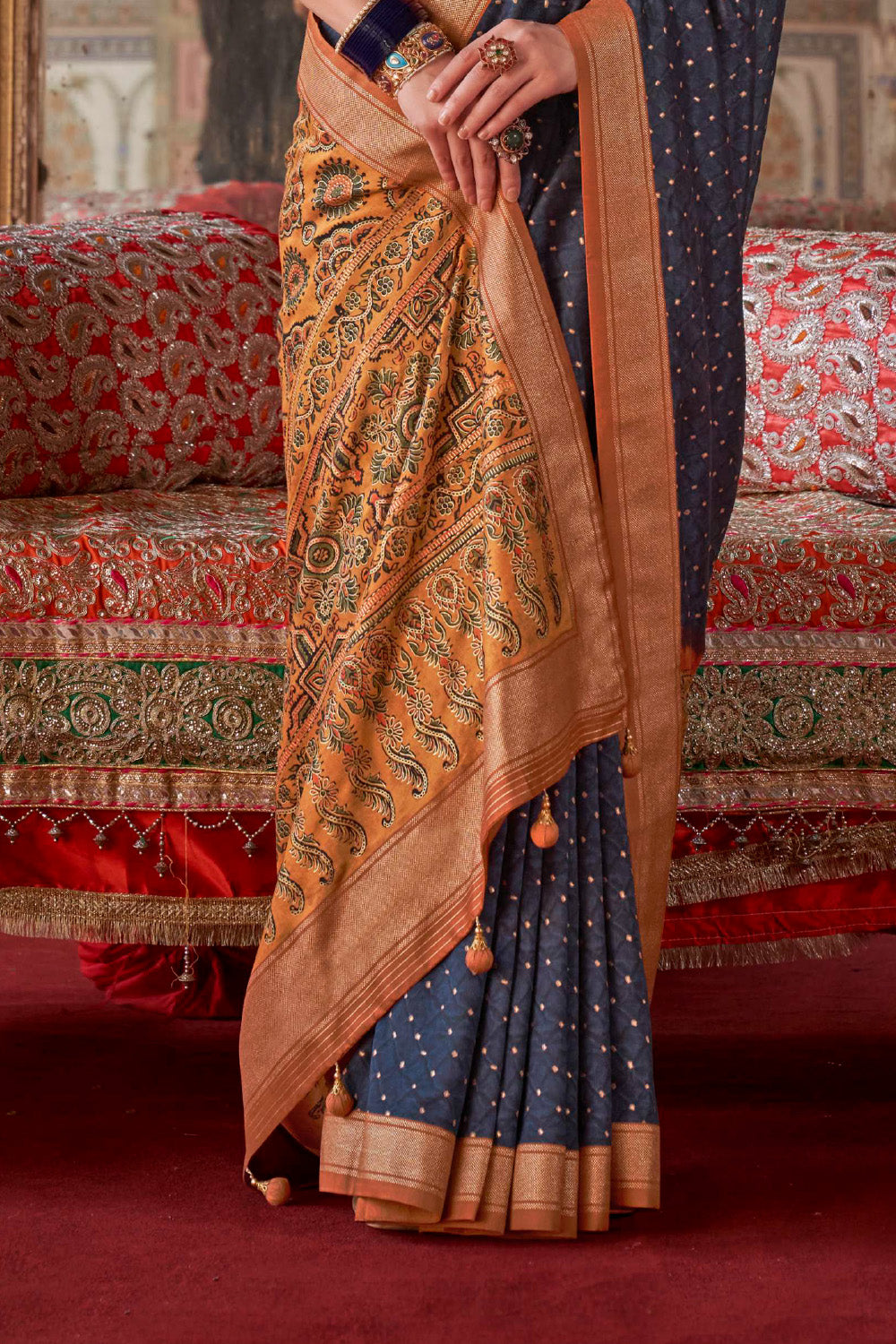 Navy & Mustard Color Bandhani Printed Gajji Silk Saree