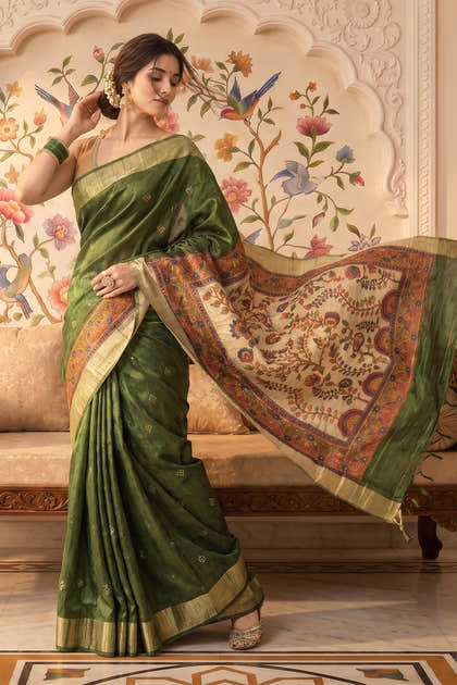 Green Cotton Printed And Woven Border Saree