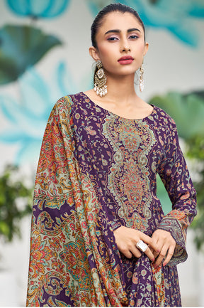 Purple Muslin Floral Printed Unstitched Suit Material