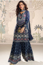 Navy Crepe Silk Mirror And Swarovski Embroidered Printed Suit With Gharara
