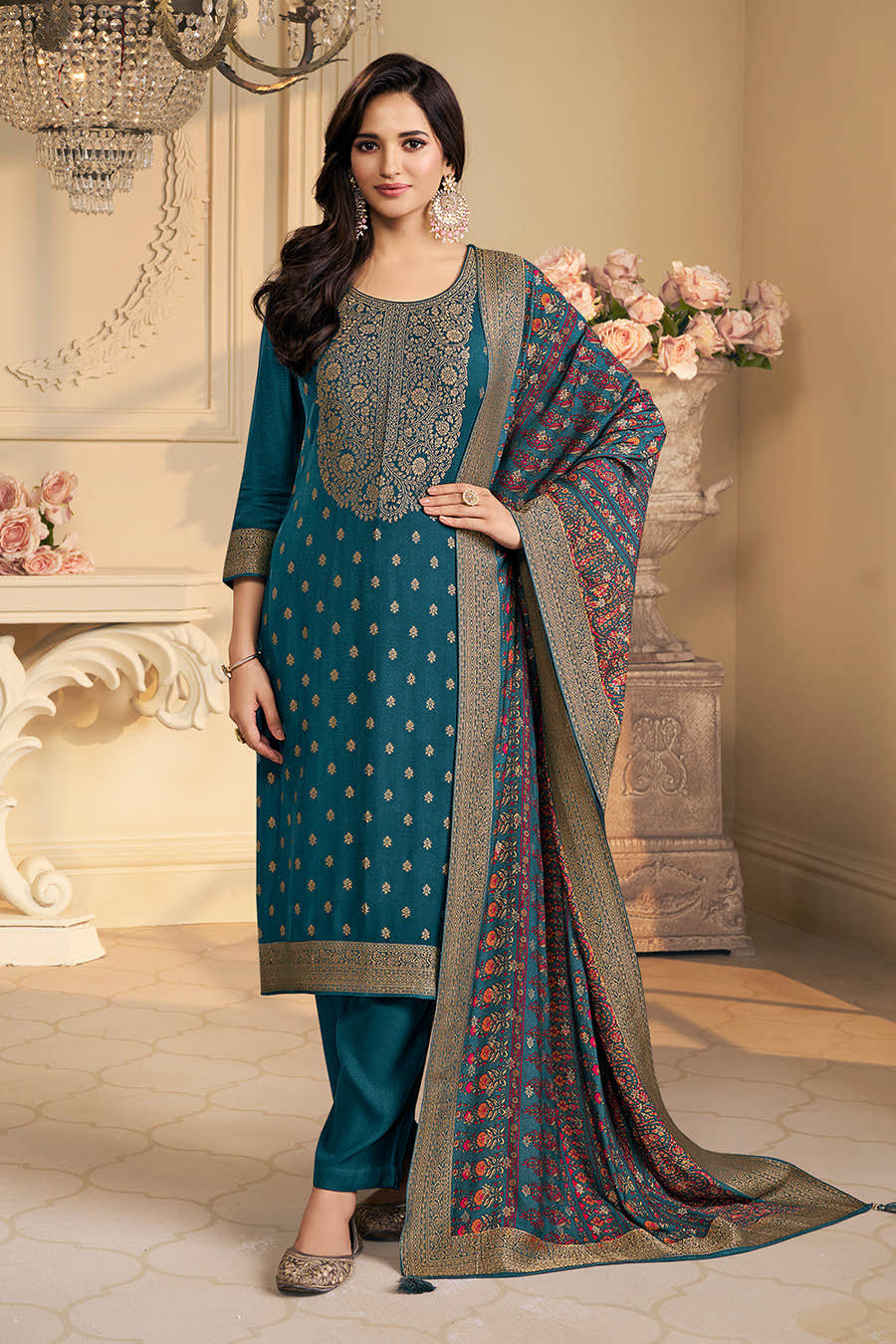 Blue Pashmina Zari Woven Unstitched Suit Fabric