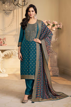 Blue Pashmina Zari Woven Unstitched Suit Fabric