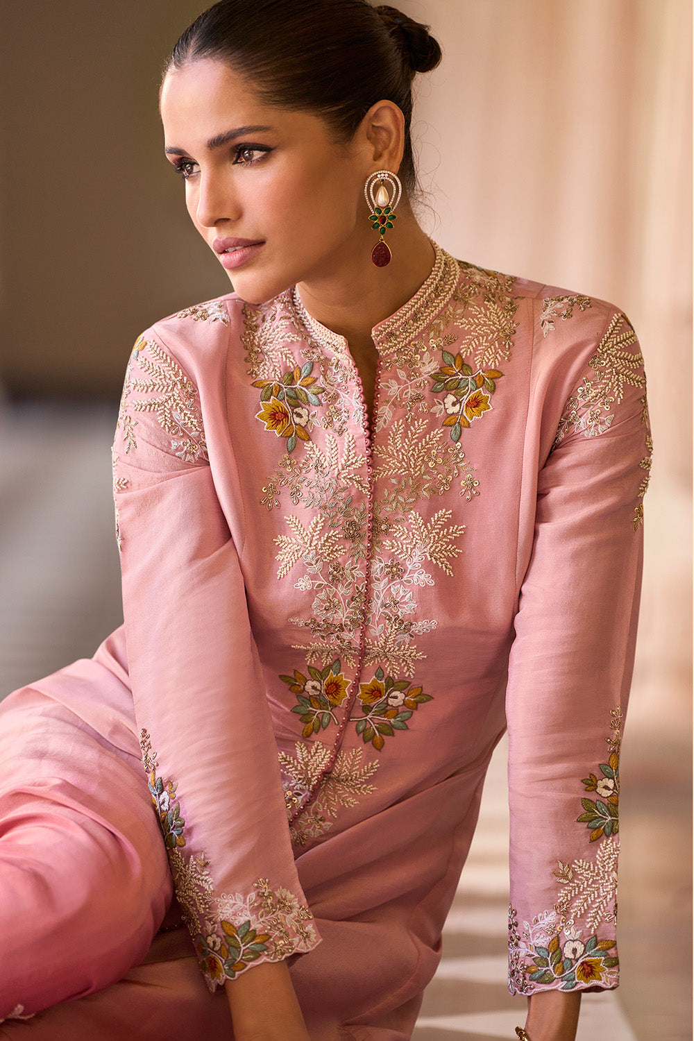 Dusty Pink Organza Embroidered A-Line Front Slit Dress With Croptop & Palazzo