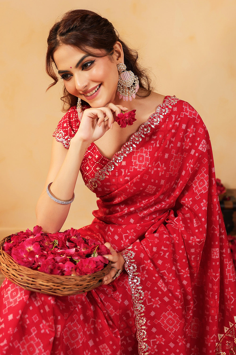 Red Color Ikat Patola Modal Silk Saree with Gota Patti Border