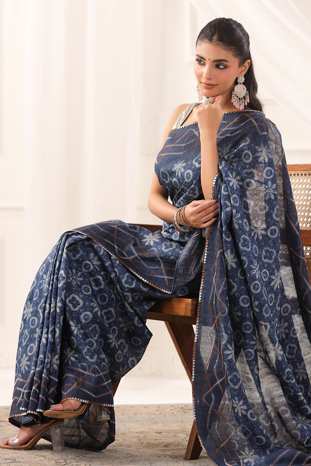 Navy Tussar Silk Printed Saree
