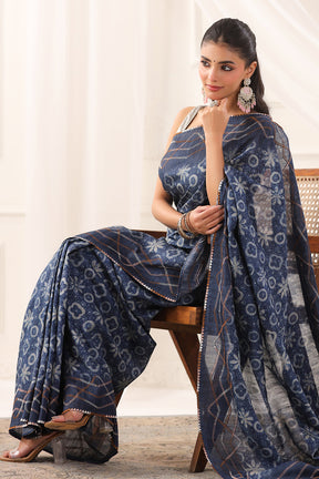 Navy Tussar Silk Printed Saree