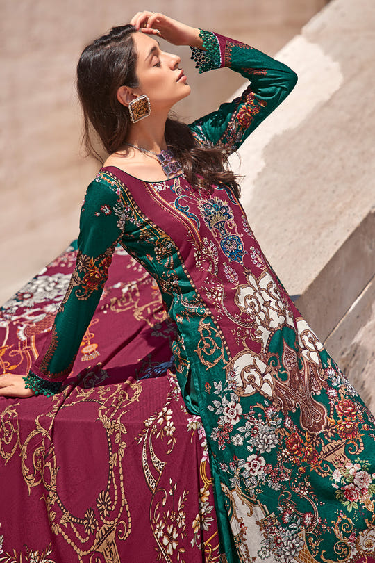 Bottle Green Color Spun Printed Unstitched Suit Material