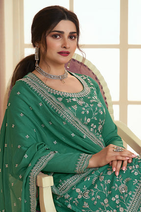 Greasy Green Color Embroidered Georgette Unstitched Suit Material With Stitched Sharara