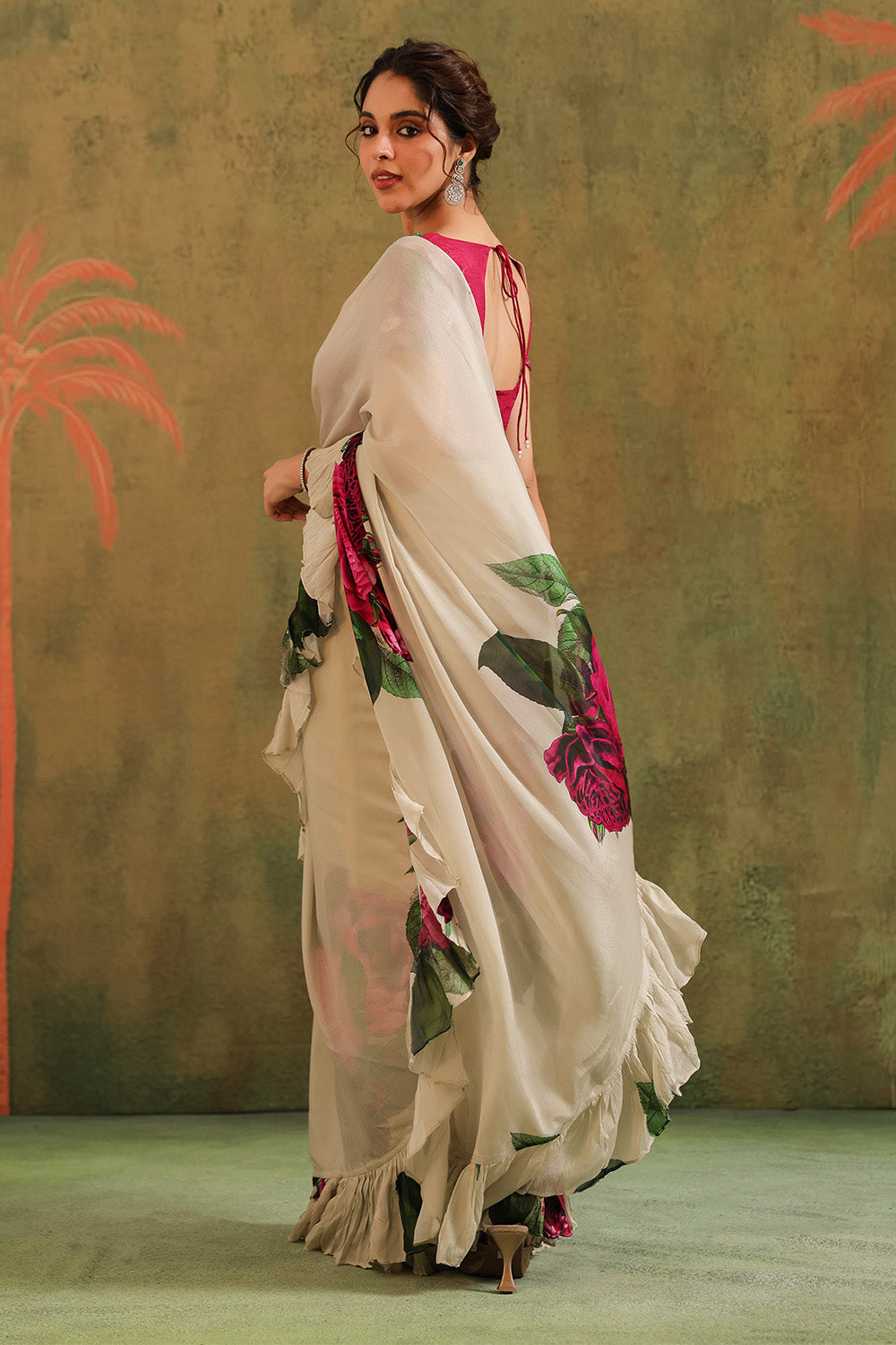 Cream Pure Crepe Silk Floral Printed Ruffled Saree With Readymade Cut-Dana Embroidered Blouse