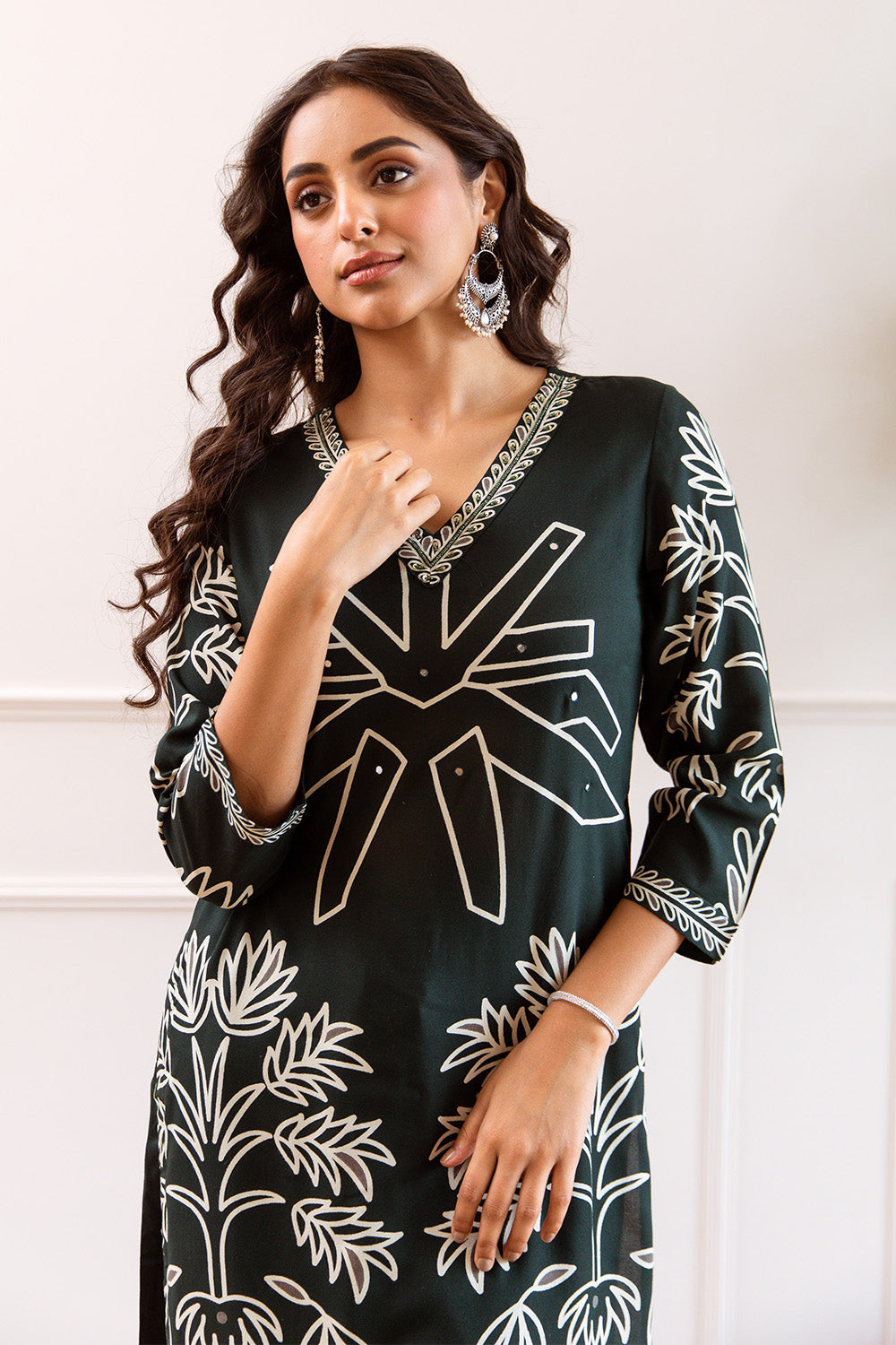 Bottle Green Color Cotton Printed Kurti With Palazzo