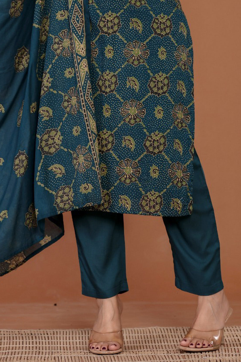 Teal & Green Cotton Floral Printed Suit Set